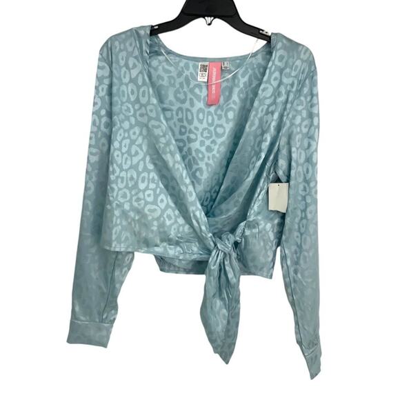 Something New Mia Satin Long Sleeve Wrap Top Blue Size Large NWOT $40 MSRP - Picture 3 of 8